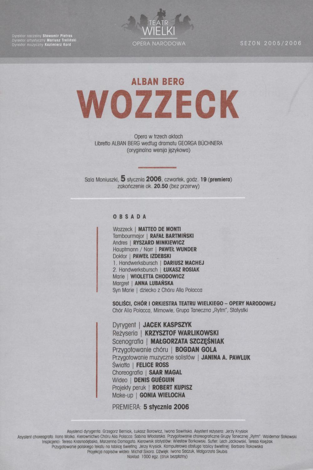 Wkładka obsadowa „Wozzeck” Alban Berg 05-01-2006