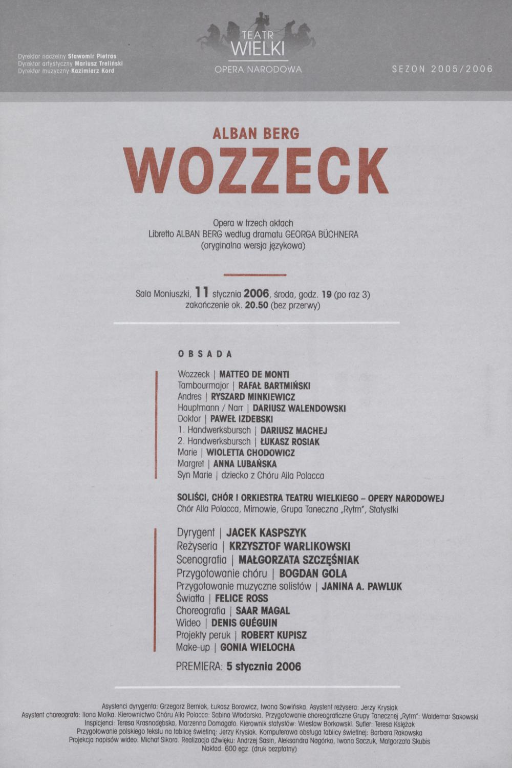 Wkładka obsadowa „Wozzeck” Alban Berg 11-01-2006
