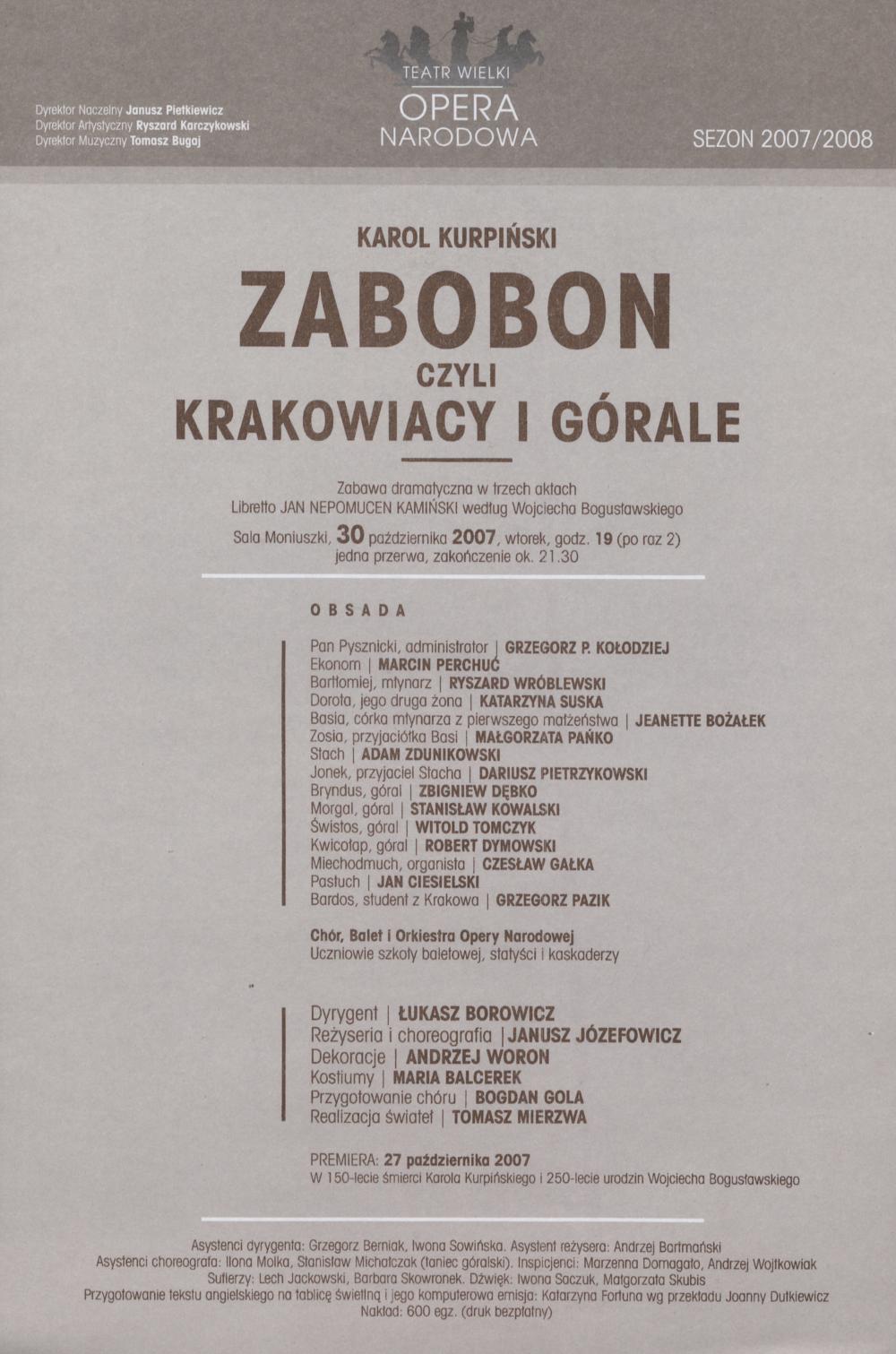 Wkładka obsadowa „Zabobon czyli Krakowiacy i Górale” Karol Kurpiński 30-10-2007