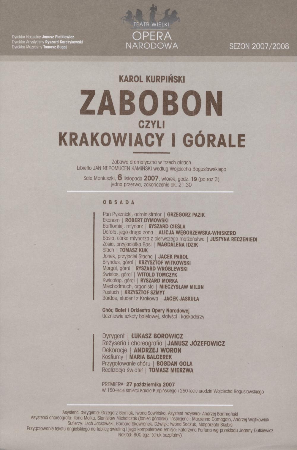 Wkładka obsadowa „Zabobon czyli Krakowiacy i Górale” Karol Kurpiński 06-11-2007