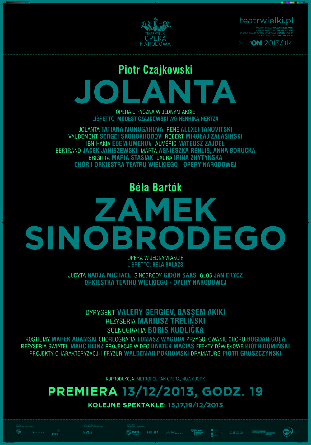 Afisz Piotr Czajkowski „Jolanta”, Béla Bartók "Zamek Sinobrodego" premiera 2013-12-13