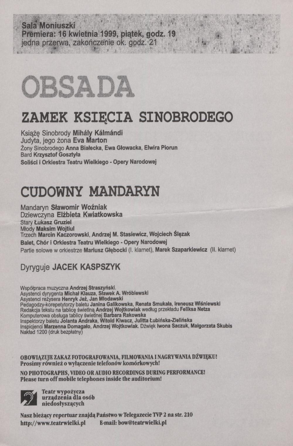 Wkładka premierowa „Zamek Księcia Sinobrodego” Béla Bartók 16-04-1999