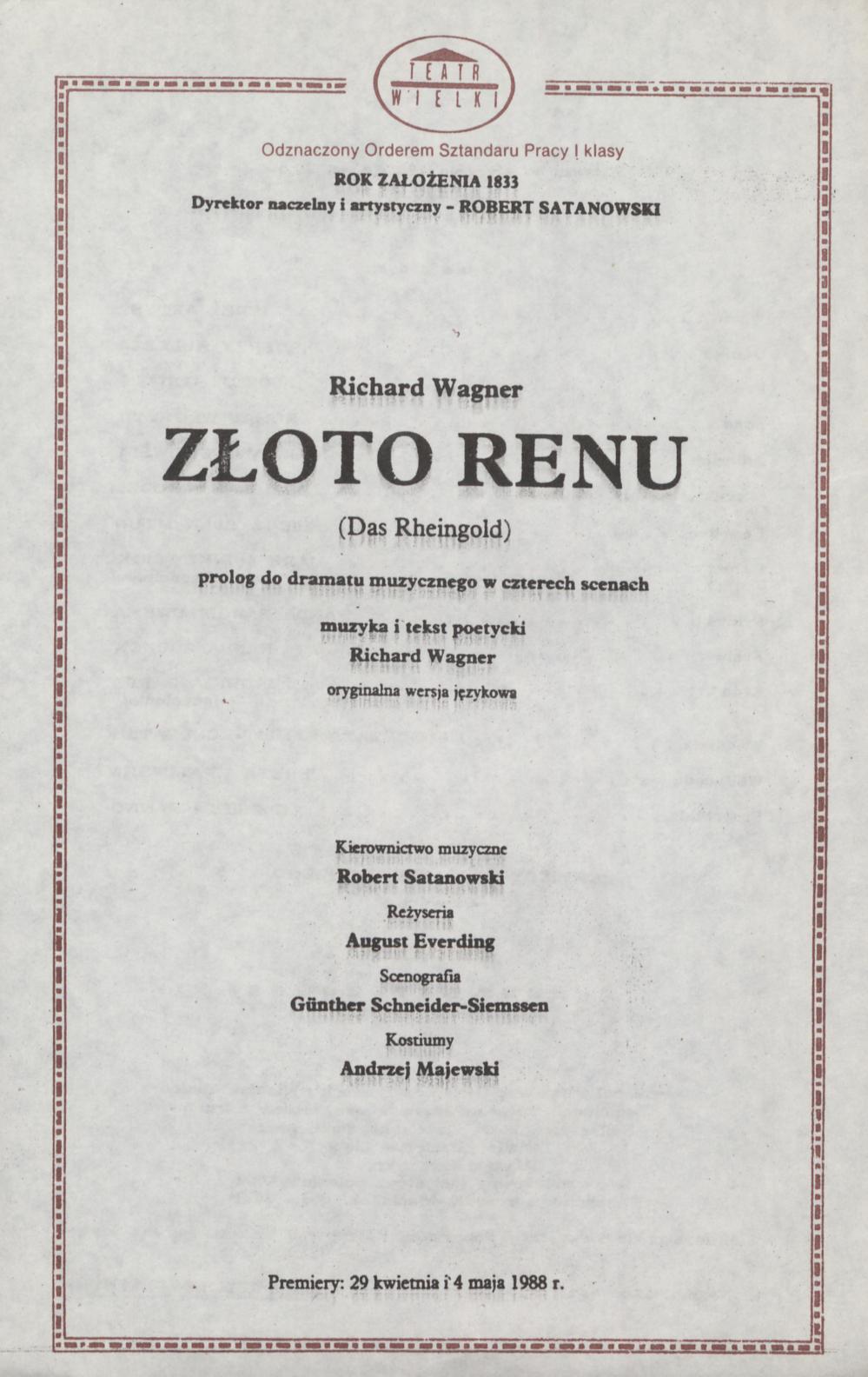 Wkładka obsadowa „Złoto Renu” (Das Rheingold) Richard Wagner 30-01-1990
