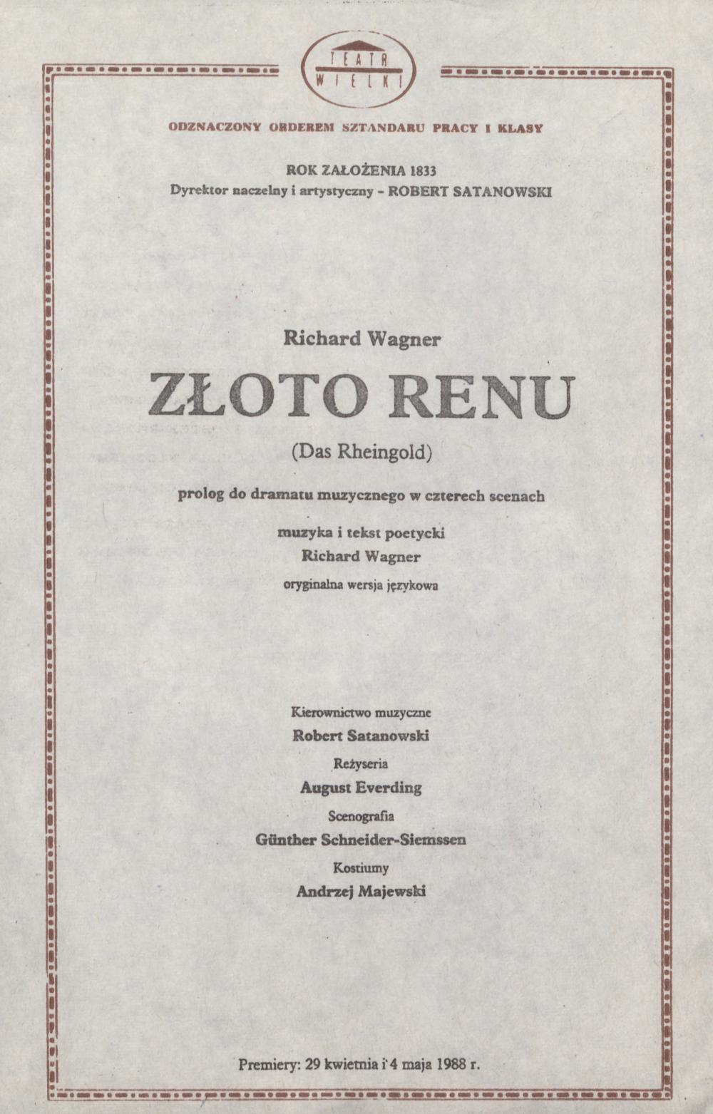 Wkładka obsadowa „Złoto Renu” (Das Rheingold) Richard Wagner 05-02-1989