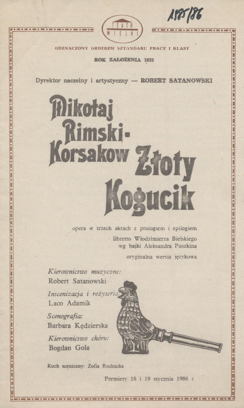 Wkładka obsadowa. „Złoty kogucik” Mikołaj Rimski-Korsakow 29-01-1986