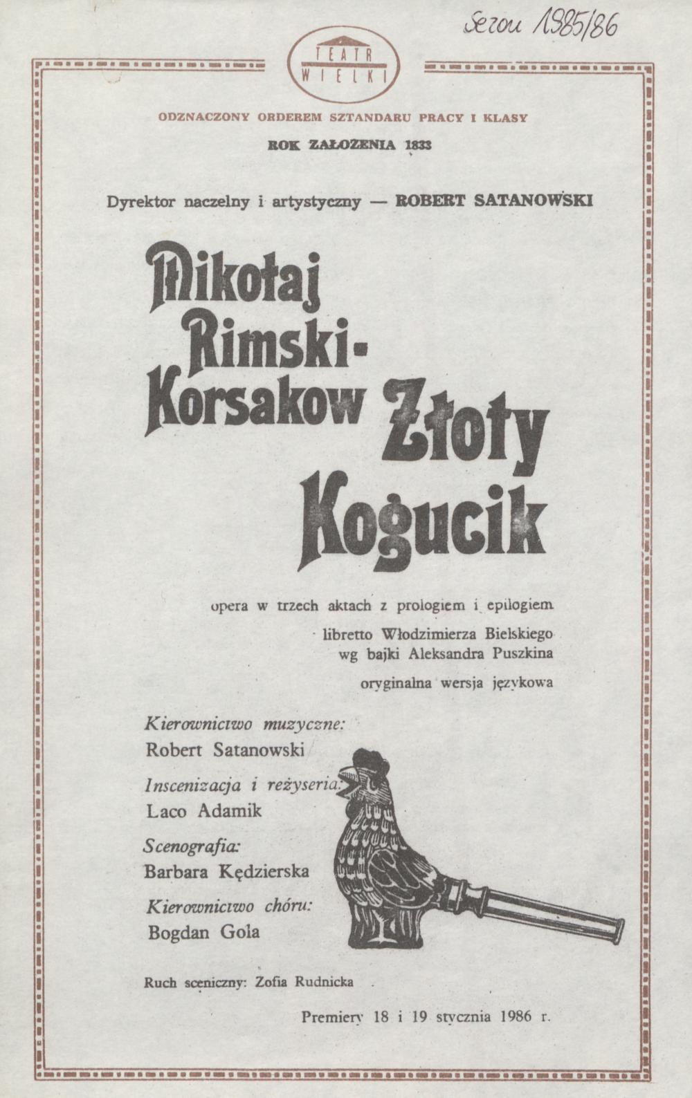 Wkładka premierowa I „Złoty kogucik” Mikołaj Rimski-Korsakow 18-01-1986