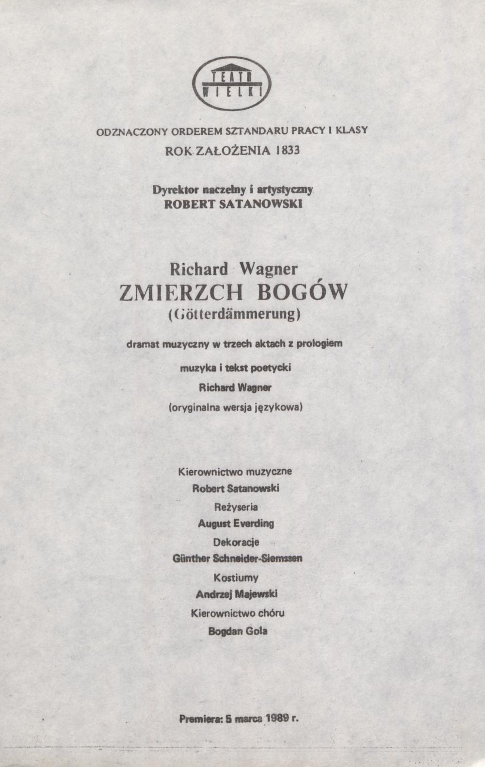 Wkładka obsadowa „Zmierzch bogów” (Götterdämmerung) Richard Wagner 11-05-1989
