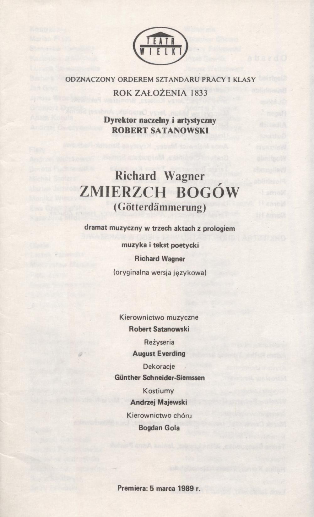 Wkładka obsadowa „Zmierzch bogów” (Götterdämmerung) Richard Wagner 05-03-1989