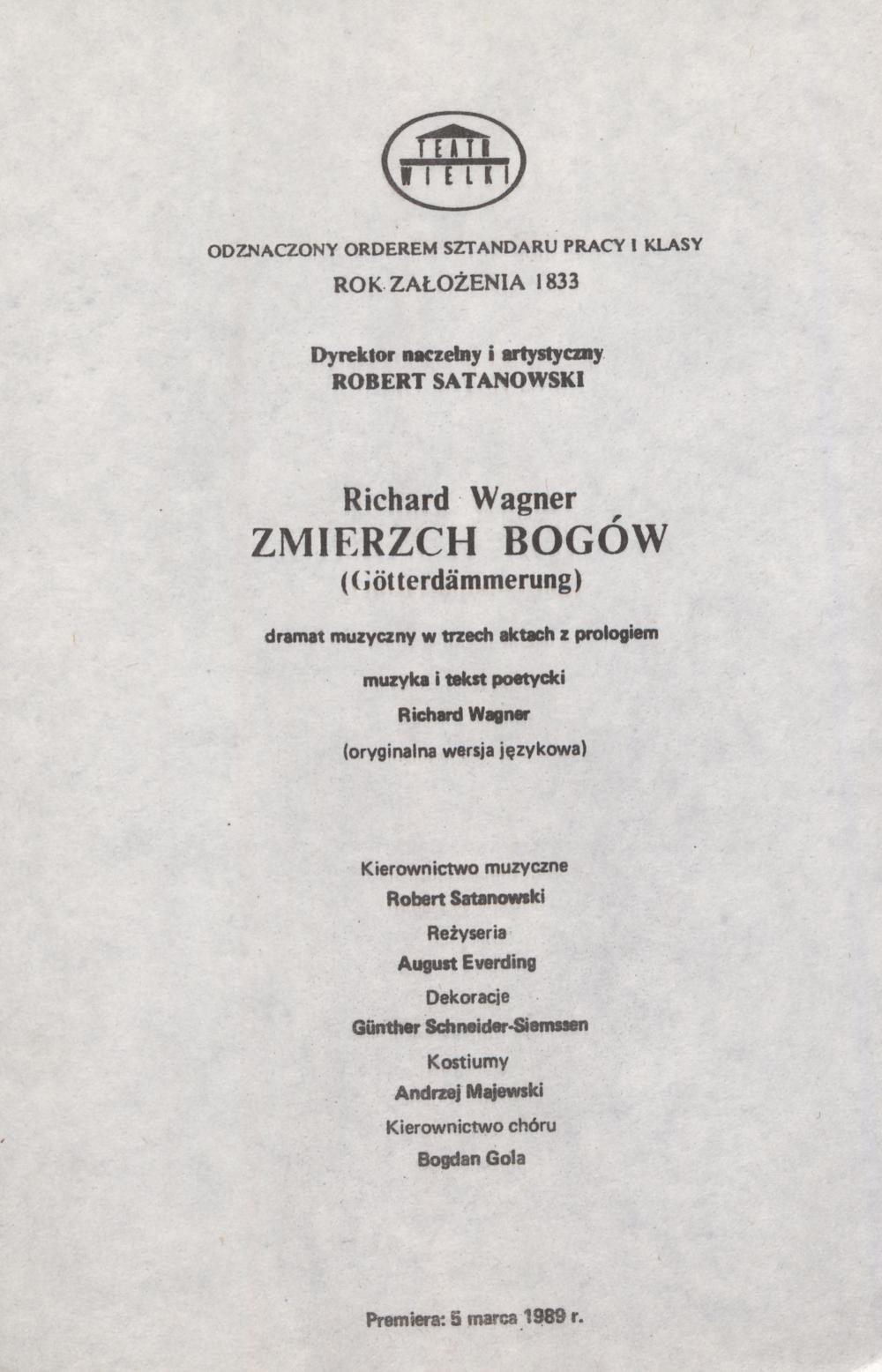 Wkładka obsadowa „Zmierzch bogów” (Götterdämmerung) Richard Wagner 19-03-1989