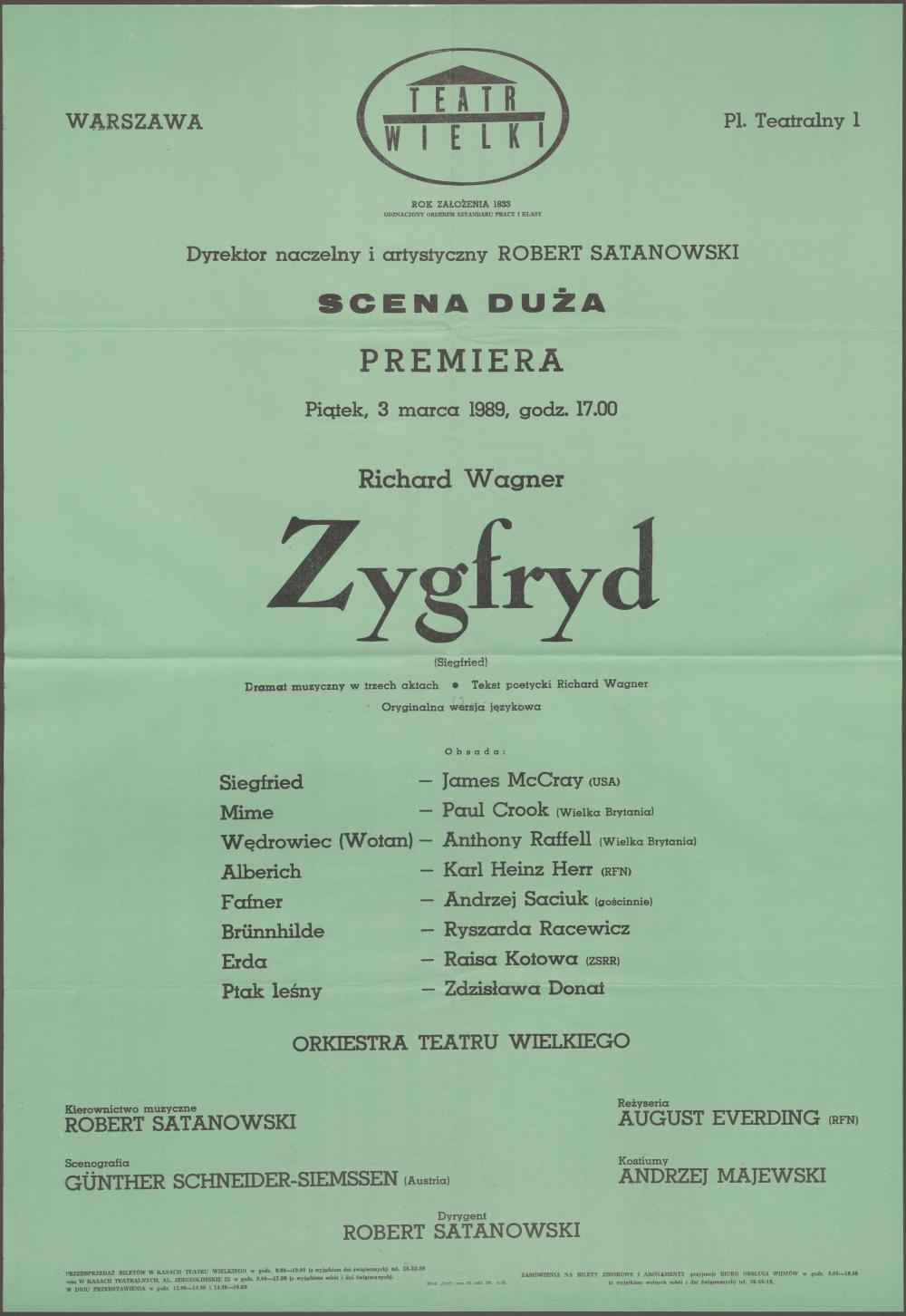 Afisz premierowy „Zygfryd” Richard Wagner 03-03-1989