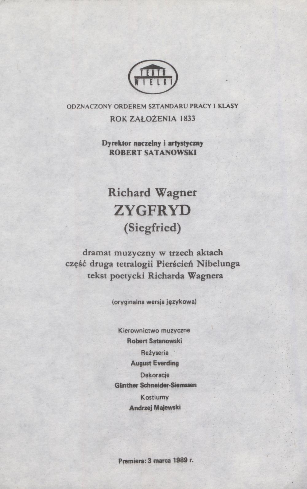 Wkładka obsadowa „Zygfryd” Richard Wagner 17-03-1989