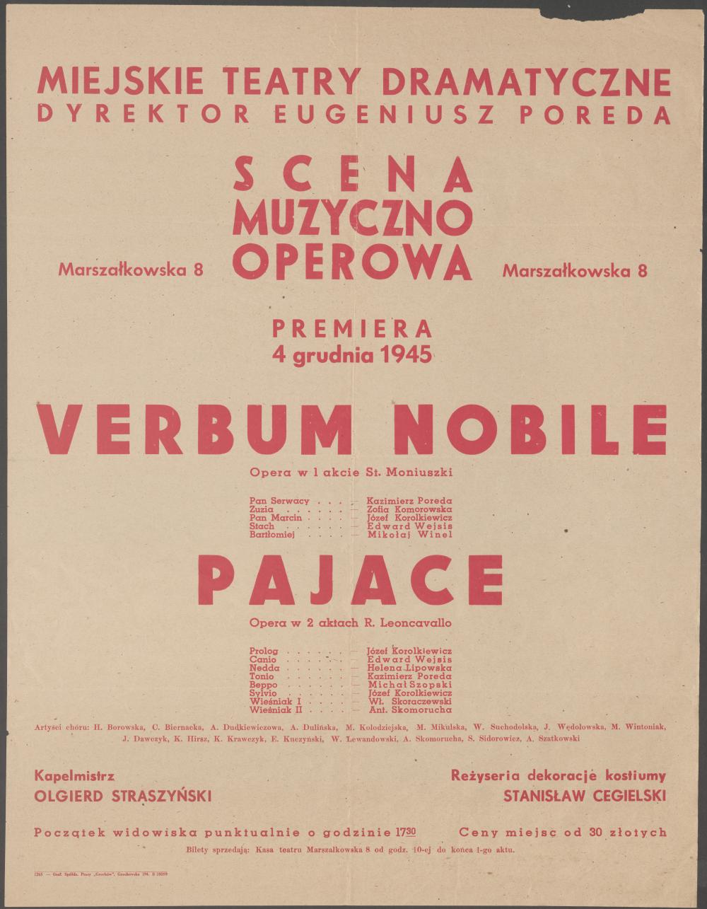Afisz „Verbum Nobile” Stanisław Moniuszko 04-12-1945 „Pajace” Ruggiero Leoncavallo 04-12-1945