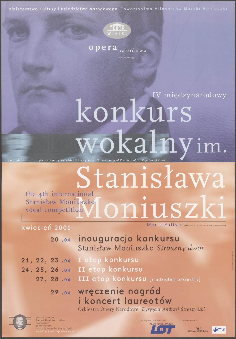 Afisz IV Międzynarodowy Konkurs Wokalny im. Stanisława Moniuszki 20-04-2001 - 29-04-2001 pod patronatem Prezydenta Rzeczypospolitej Polski