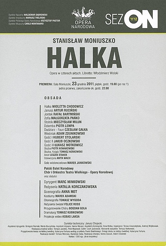 Wkładka premierowa „Halka” Stanisław Moniuszko 23-12-2011