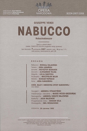 Wkładka obsadowa „Nabucco” Giuseppe Verdi 7-10-2007
