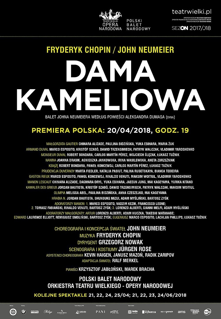 Afisz "Dama kameliowa" Fryderyk Chopin / John Neumeier premiera polska 2018-04-20