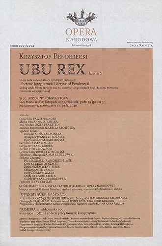 Wkładka obsadowa „Ubu Rex” Krzysztof Penderecki 23-11-2003