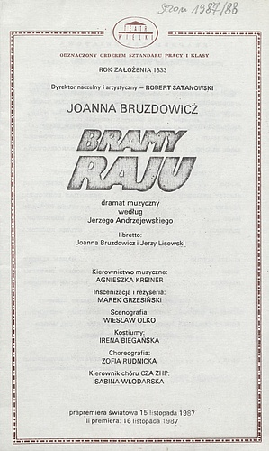 Wkładka obsadowa. „Bramy Raju” Joanna Bruzdowicz 15-11-1987