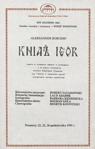 Wkładka obsadowa „Kniaź Igor” Aleksander Borodin 27-10-1989