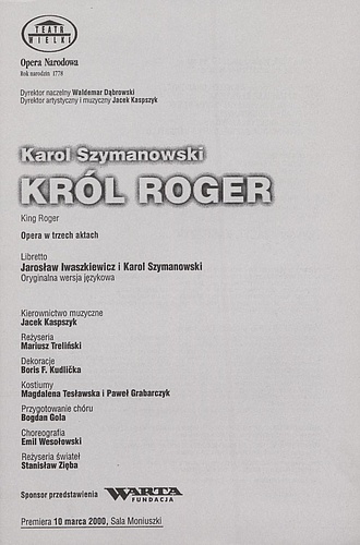 Wkładka obsadowa „Król Roger” Karol Szymanowski 05-05-2000