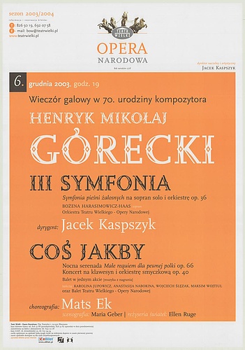 Afisz. Wieczór galowy w 70. urodziny kompozytora Henryk Mikołaj Górecki 2003-12-06