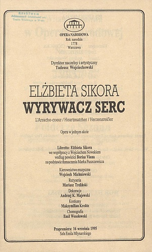 Wkładka prapremiery „Wyrywacz serc” Elżbieta Sikora 16-09-1995