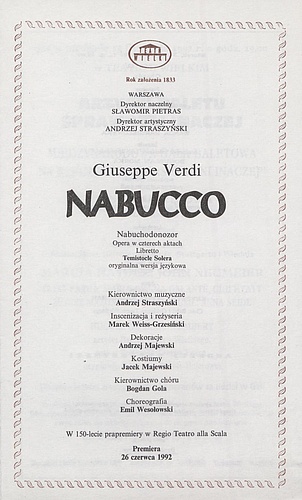 Wkładka obsadowa „Nabucco” Giuseppe Verdi 03-11-1992