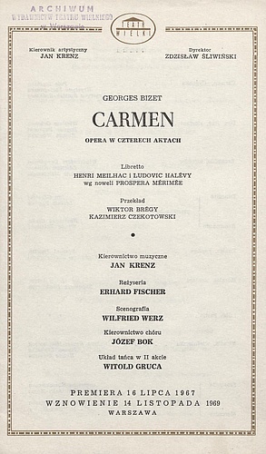 Wkładka obsadowa - wznowienie „Carmen” Georges Bizet 14-11-1969