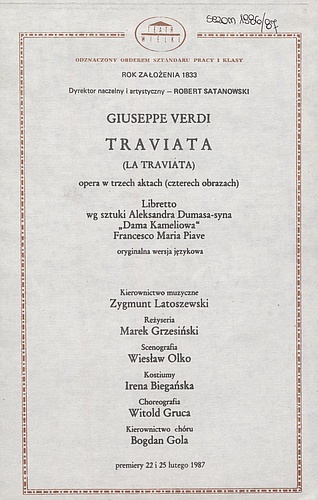 Wkładka premierowa "Traviata" Giuseppe Verdi 22-02-1987