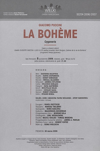 Wkładka obsadowa - „La Boheme” Giacomo Puccini 08-10-2006