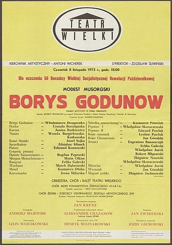 Afisz. „Borys Godunow” Modest Musorgski 8-11-1973 Uczczenie 56 rocznicy Wielkiej Socjalistycznej Rewolucji Październikowej