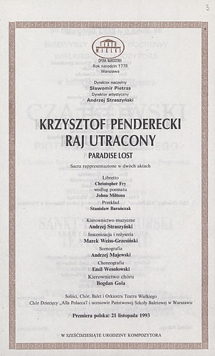 Wkładka obsadowa „Raj Utracony” Krzysztof Penderecki 27-11-1993