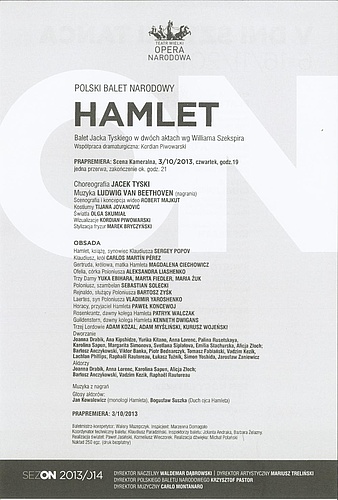 Wkładka obsadowa "Hamlet" Ludwig van Beethoven / Jacek Tyski według Williama Szekspira prapremiera 2013-10-03