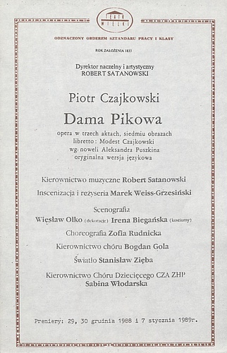 Wkładka obsadowa „Dama pikowa” Piotr Czajkowski 9-12-1989