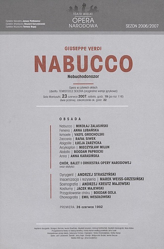 Wkładka obsadowa „Nabucco” Giuseppe Verdi 23-06-2007