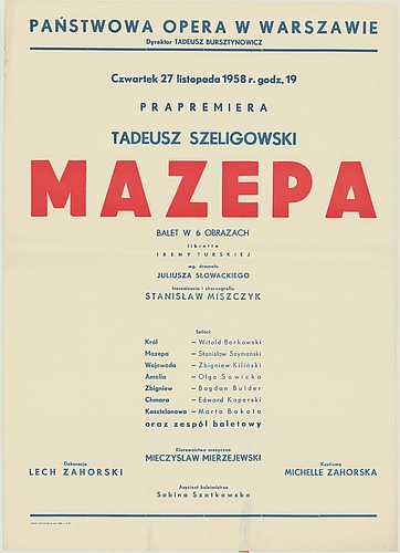 Afisz premierowy. „Mazepa” Tadeusz Szeligowski 1958-11-27