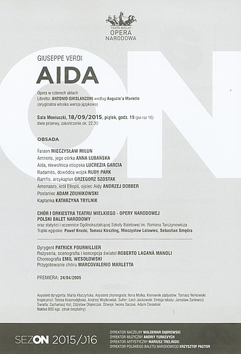 Wkładka obsadowa „Aida" Giuseppe Verdi premiera 2005-04-24 wznowienie 2015-09-18