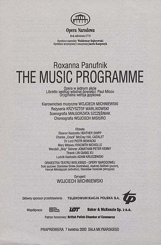 Wkładka obsadowa „The music programme” Roxanna Panufnik 07-04-2000