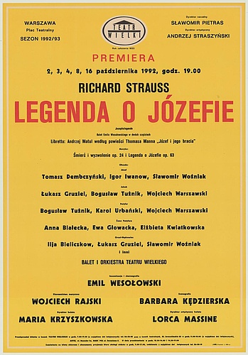Afisz „Legenda o Józefie” Richard Strauss 1992-10-02, 1992-10-03, 1992-10-04, 1992-10-08, 1992-10-16