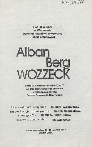 Wkładka obsadowa „Wozzeck” Alban Berg 21-09-1985