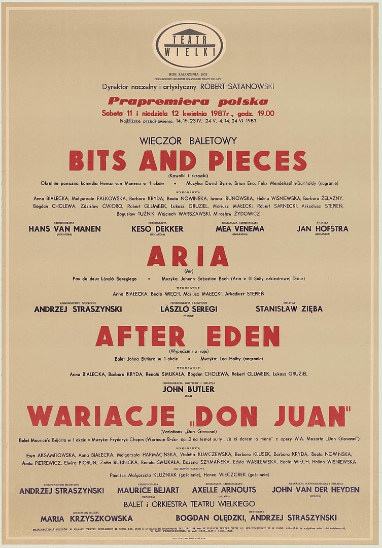 Afisz premierowy. „Bits and pieces” David Byrne, Brian Eno, Felix Mendelssohn-Bartholdy 1987-04-11