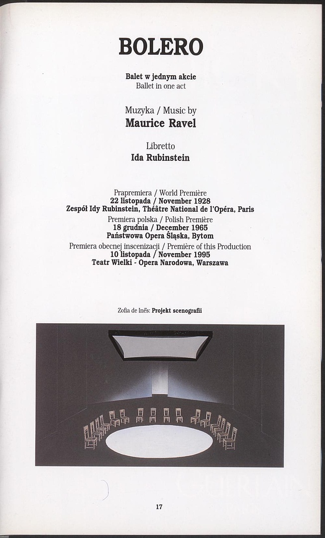 Program. Projekt scenografii, Zofia de Ines. „Bolero” Maurice Ravel 1995-11-10