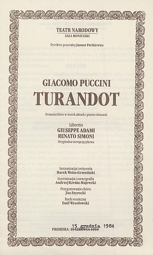 Wkładka obsadowa „Turandot” Giacomo Puccini 17-10-1997