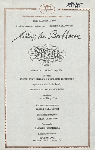Wkładka obsadowa – premiera I „Fidelio” Ludwig van Beethoven 11-05-1985