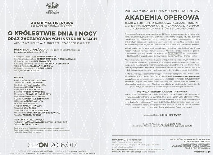 Wkładka obsadowa „O Królestwie Dnia i Nocy oraz zaczarowanych instrumentach” premiera 2017-03-21