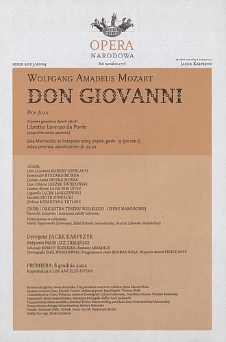 Wkładka obsadowa „Don Giovanni” Wolfgang Amadeusz Mozart 21-11-2003