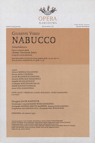 Wkładka obsadowa „Nabucco” Giuseppe Verdi 16-01-2004
