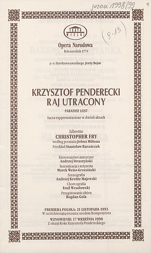 Wkładka obsadowa „Raj Utracony” Krzysztof Penderecki 17-09-1998 Wznowienie