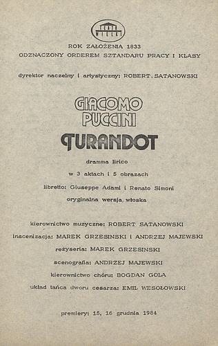 Wkładka obsadowa „Turandot” Giacomo Puccini 27-02-1985. Dni Teatru Wielkiego