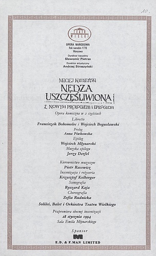 Wkładka obsadowa „Nędza uszczęśliwiona” Maciej Kamieński 29-04-1994